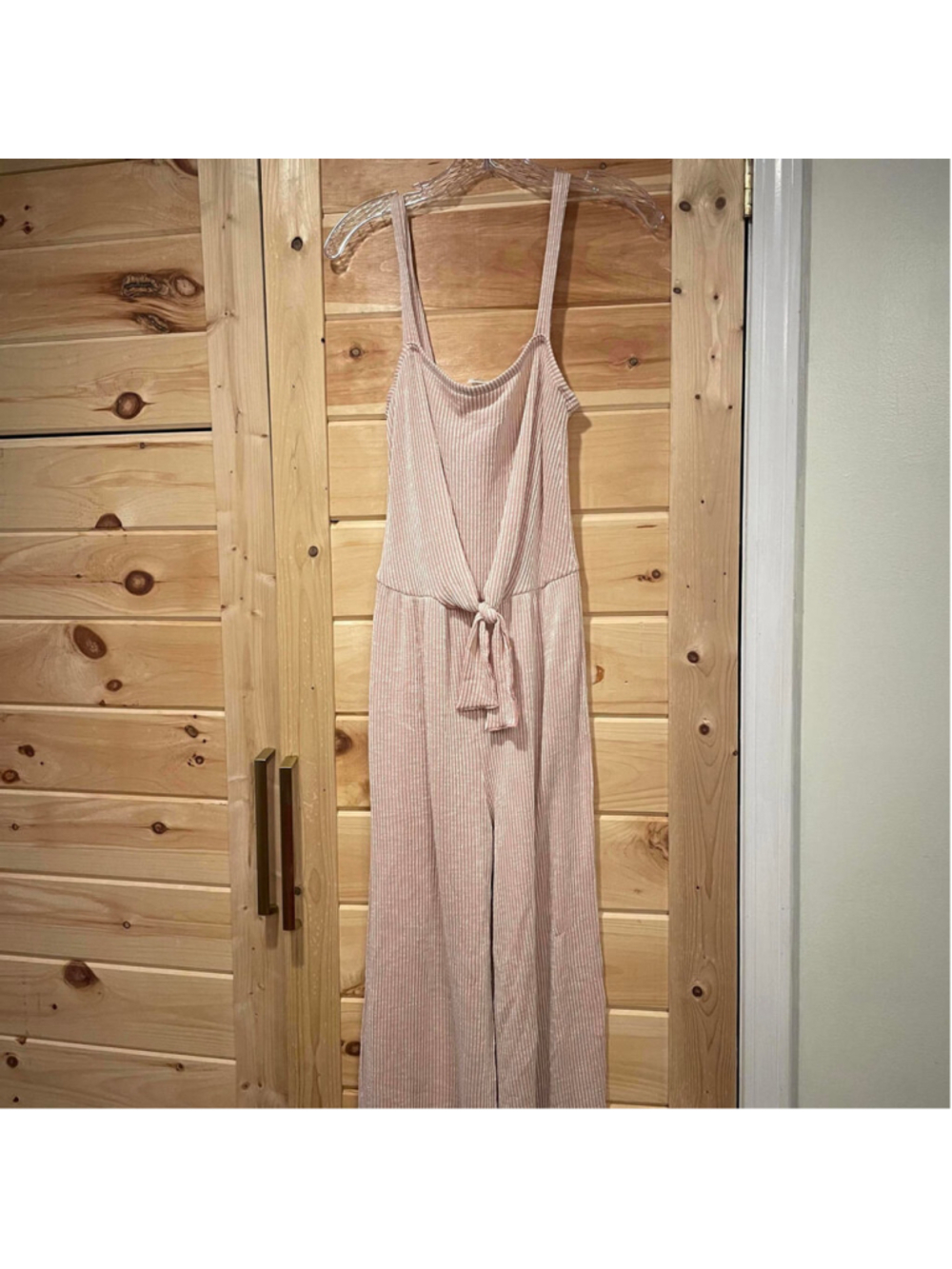 Women's pink and white striped Ribbed Jumpsuit with Tie Waist